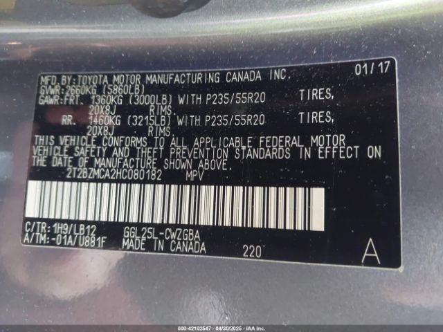 2T2BZMCA2HC080182 Lexus RX 350