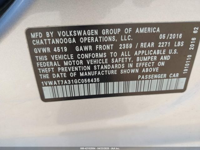 1VWAT7A31GC056435 Volkswagen Passat 1.8t S