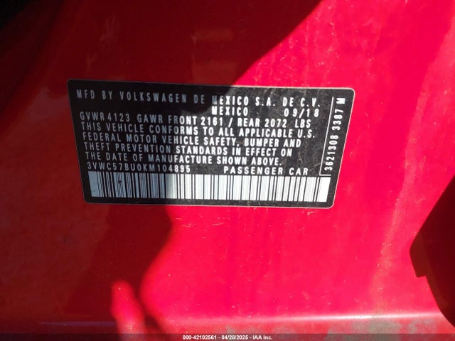 3VWC57BU0KM104895 Volkswagen Jetta 1.4t R-line/1.4t S/1.4t Se