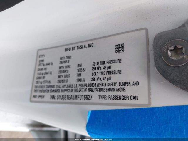 5YJ3E1EA5MF016627 Tesla Model 3 Standard Range Plus Rear-wheel Drive