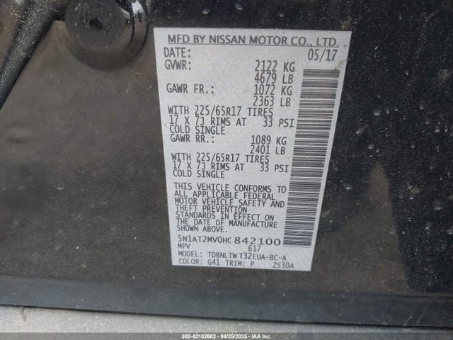 5N1AT2MV0HC842100 Nissan ROGUE SV