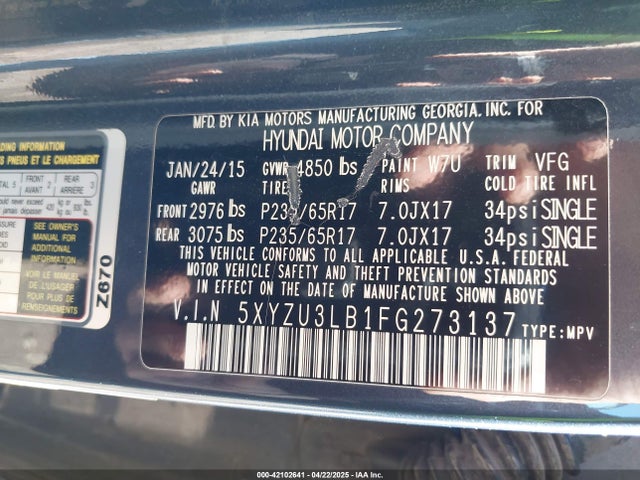 5XYZU3LB1FG273137 Hyundai Santa Fe Sport 2.4l