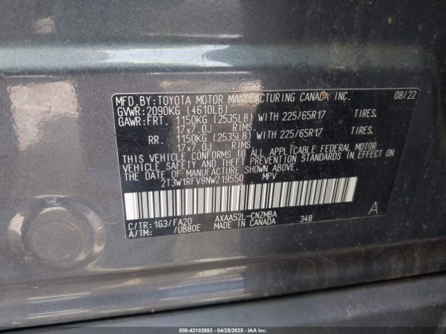 2T3W1RFV8NW219550 Toyota Rav4 Xle