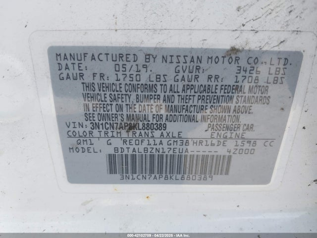 3N1CN7AP8KL880389 Nissan Versa 1.6 Sv