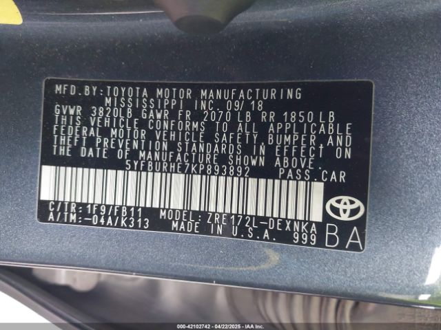 5YFBURHE7KP893892 Toyota 2zr-fe