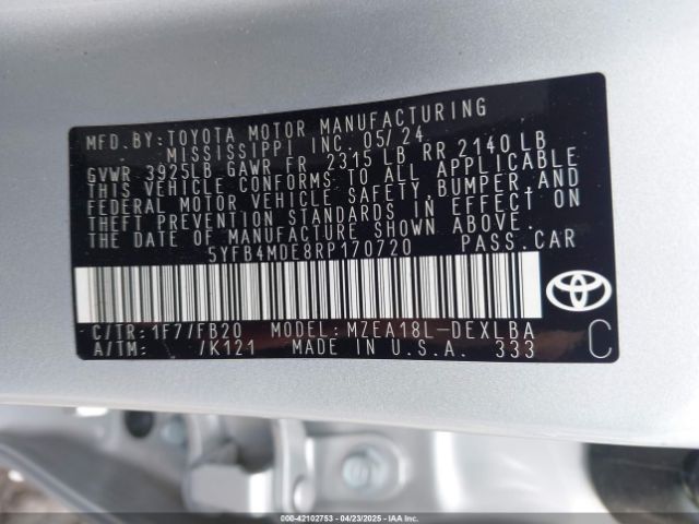 5YFB4MDE8RP170720 Toyota COROLLA LE