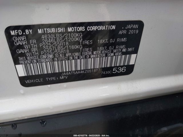 2019 MITSUBISHI ECLIPSE CROSS JA4AT5AA4KZ051817 Photo 8