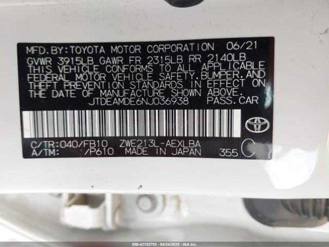 JTDEAMDE6NJ036938 Toyota Corolla Hybrid Le