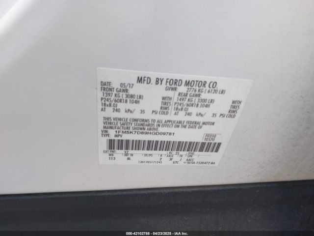 1FM5K7D89HGD09781 Ford EXPLORER XLT