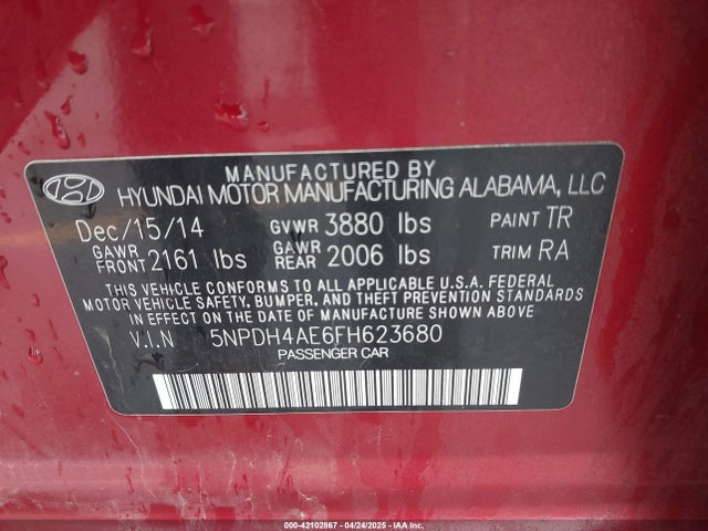 5NPDH4AE6FH623680 Hyundai ELANTRA SE