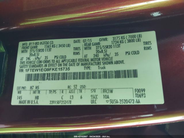 1FTEW1EG9FKE15735 Ford F-150 Lariat