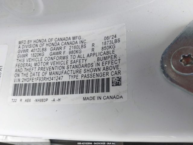 2HGFE1F93RH341247 Honda Civic Touring