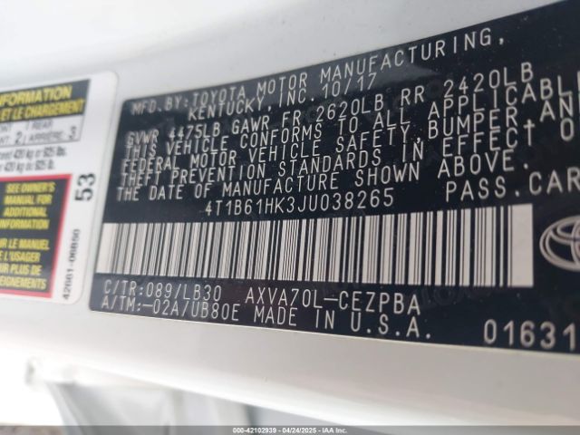 4T1B61HK3JU038265 Toyota CAMRY XSE