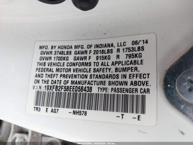 19XFB2F58EE058438 Honda r18z1