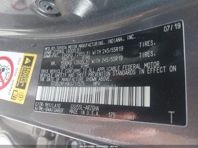 Toyota Highlander Limited Platinum 2019 5TDDZRFH9KS711575 Image 9