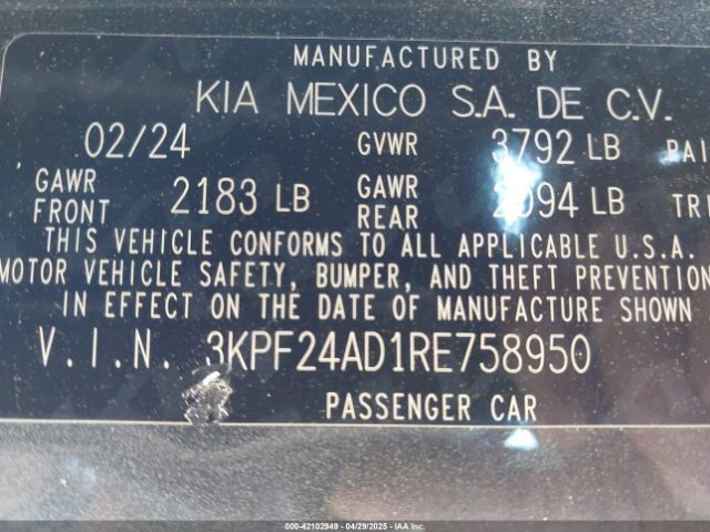 3KPF24AD1RE758950 KIA Forte Lxs