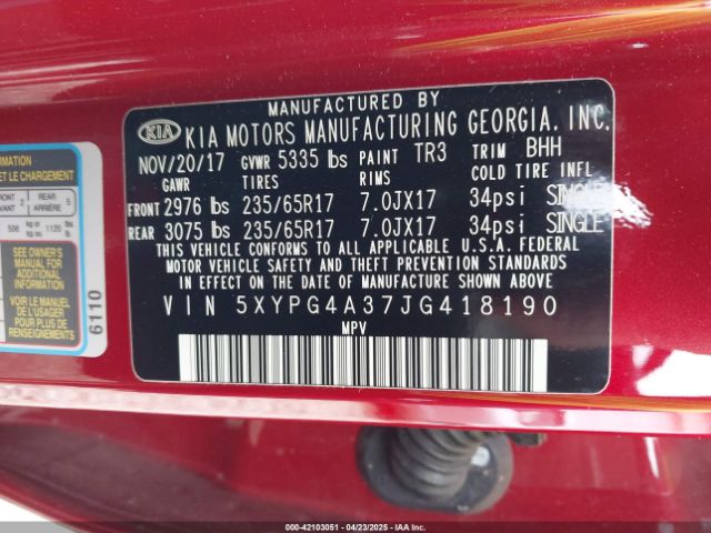 5XYPG4A37JG418190 KIA Sorento 2.4l Lx
