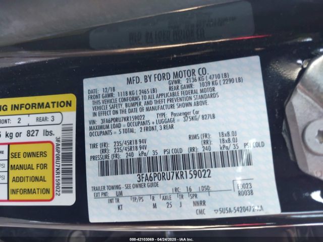 3FA6P0RU7KR159022 Ford Fusion Hybrid Titanium