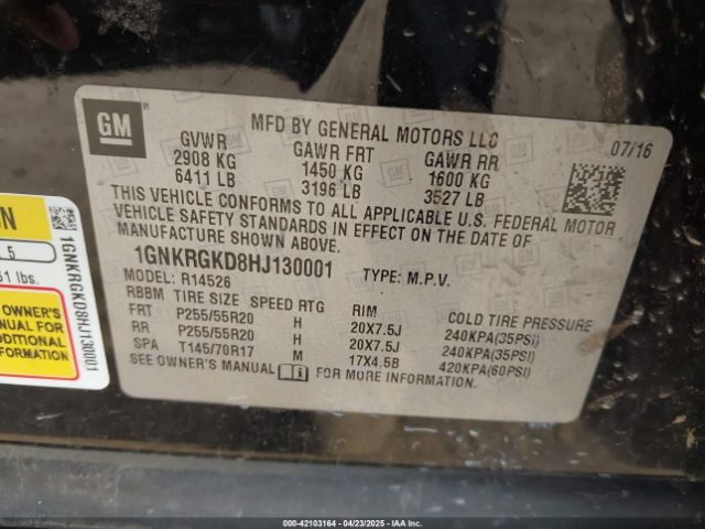 1GNKRGKD8HJ130001 Chevrolet Traverse 1lt