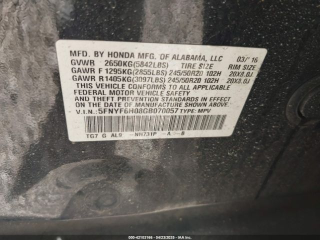 5FNYF6H08GB070057 Honda Pilot Elite