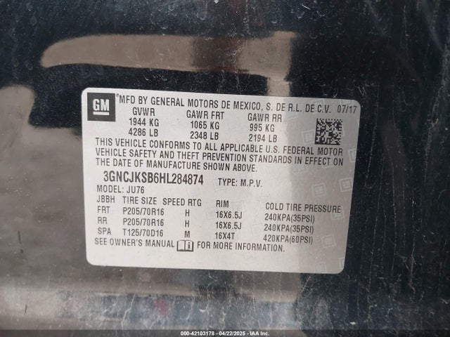 3GNCJKSB6HL284874 Chevrolet luv - mfi, vvt: variable valve timing, e85 max, alum