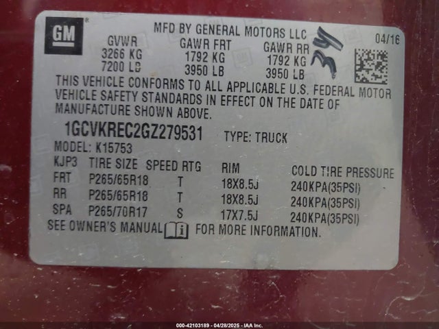 1GCVKREC2GZ279531 Chevrolet Silverado 1500 1lt