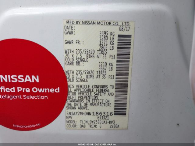 5N1AZ2MH0HN186316 Nissan Murano Platinum