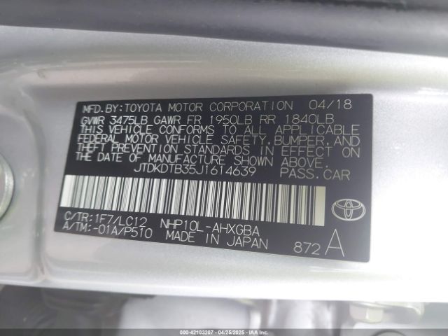 JTDKDTB35J1614639 Toyota Prius C Four