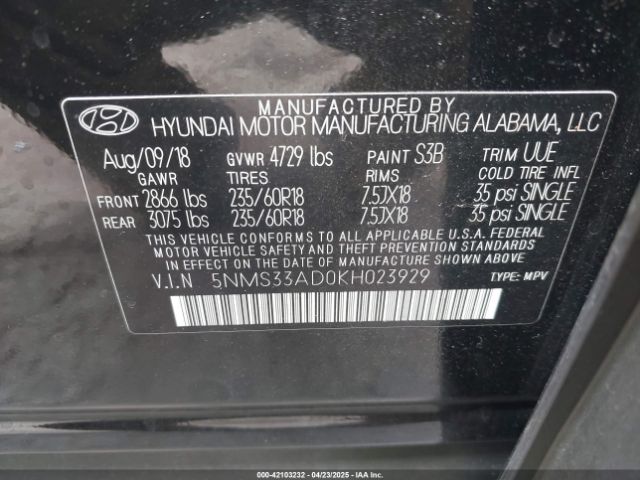 5NMS33AD0KH023929 Hyundai Santa Fe Sel Plus