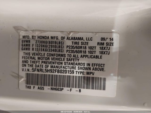 5FNRL5H92FB020159 Honda Odyssey Touring/touring Elite