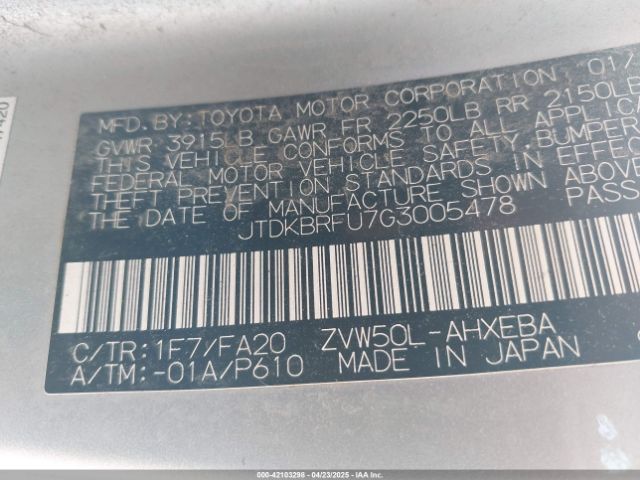JTDKBRFU7G3005478 Toyota Prius Two