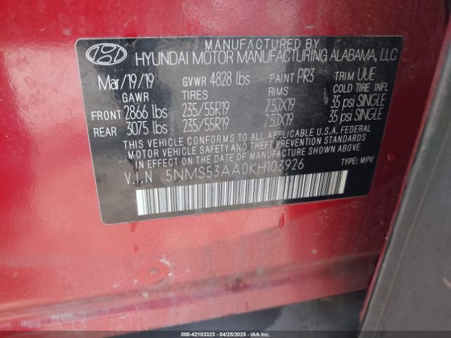5NMS53AA0KH103926 Hyundai Santa Fe Ultimate 2.0t