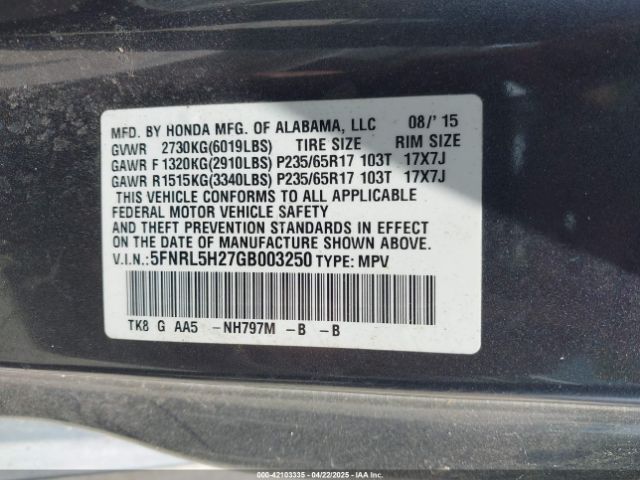 5FNRL5H27GB003250 Honda ODYSSEY LX