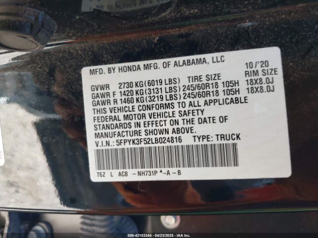 5FPYK3F52LB024816 Honda Ridgeline Awd Rtl