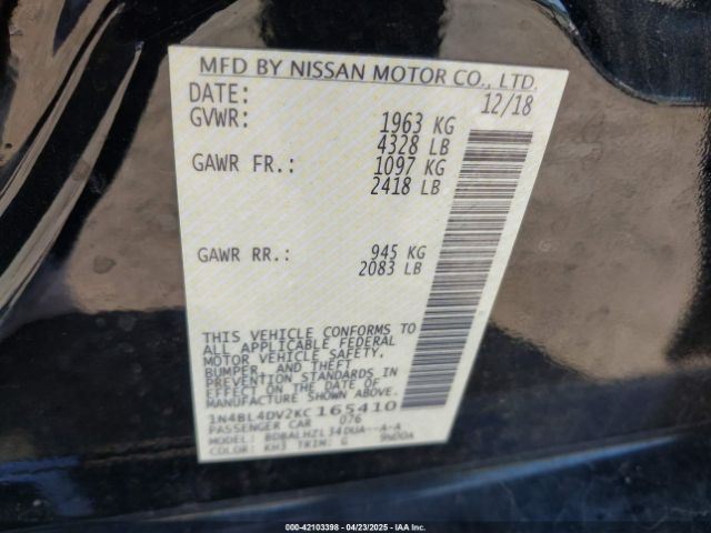 1N4BL4DV2KC165410 Nissan Altima 2.5 Sv