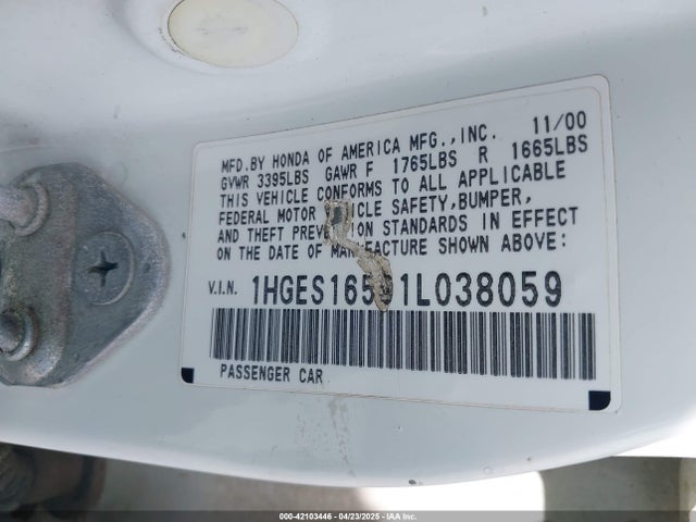 Продаж на аукціоні авто 2001 Honda Civic Lx, vin: 1HGES16591L038059, номер лоту: 42103446