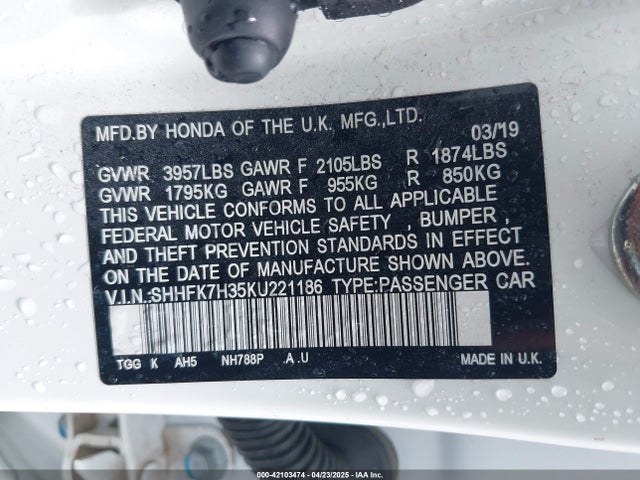 SHHFK7H35KU221186 Honda Civic Lx