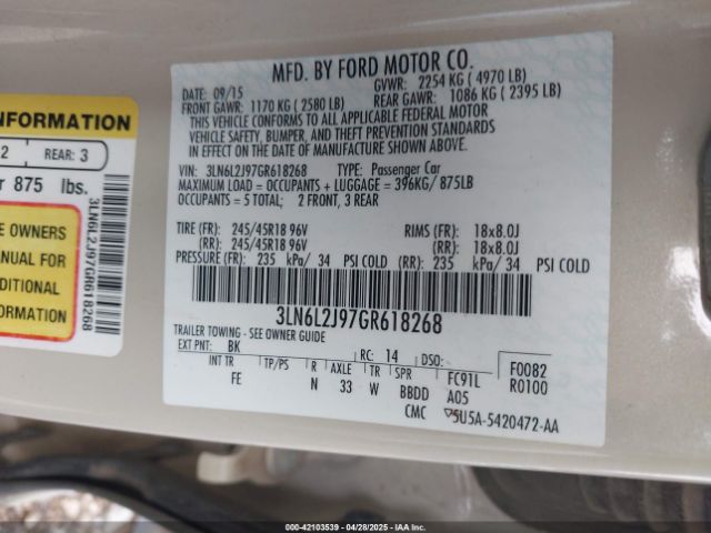 3LN6L2J97GR618268 Lincoln MKZ