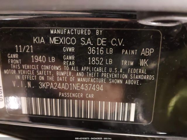 3KPA24AD1NE437494 KIA RIO S