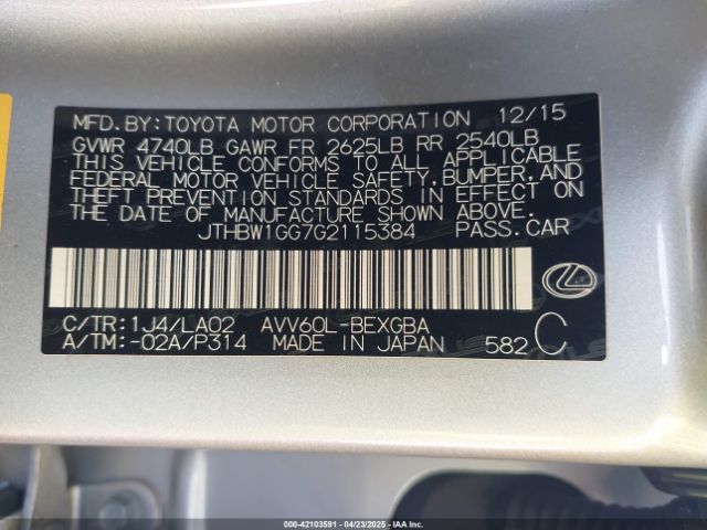 JTHBW1GG7G2115384 Lexus ES 300H
