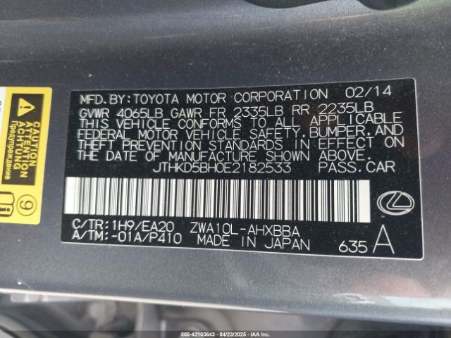 JTHKD5BH0E2182533 Lexus CT 200H