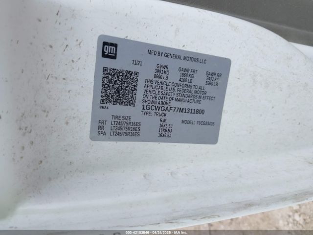 1GCWGAF77M1311800 Chevrolet Express Cargo Rwd 2500 Regular Wheelbase Wt