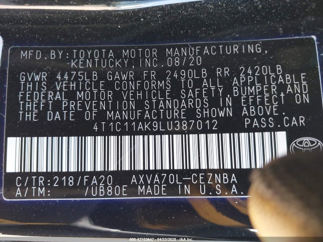 4T1C11AK9LU387012 Toyota CAMRY LE