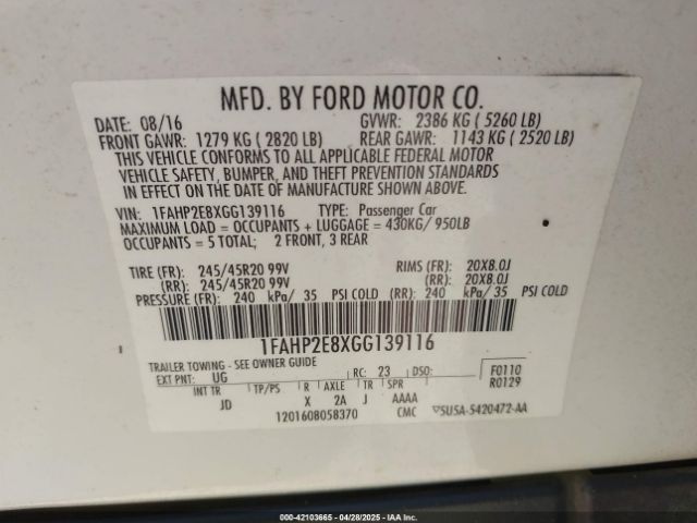 1FAHP2E8XGG139116 Ford TAURUS SEL