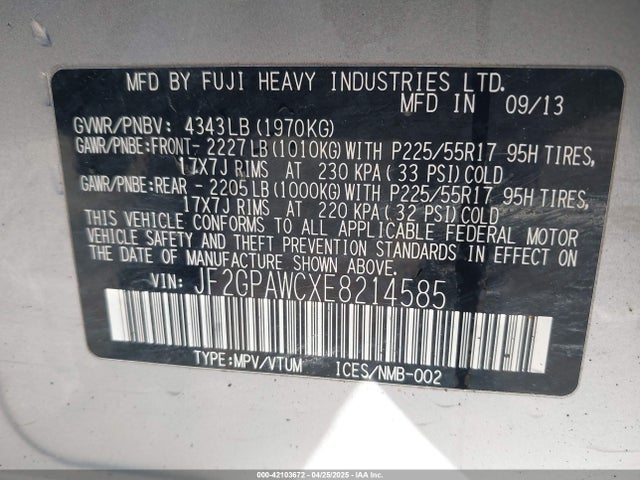 Subaru 2.0l na 2014 JF2GPAWCXE8214585 Image 9