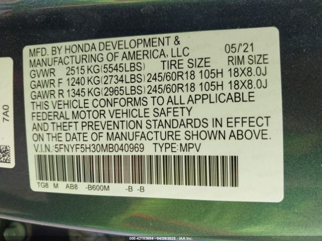 5FNYF5H30MB040969 Honda Pilot 2wd Ex