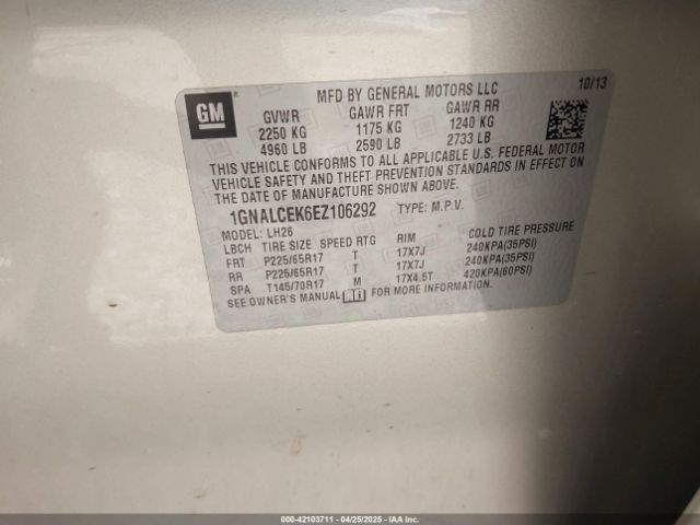 1GNALCEK6EZ106292 Chevrolet Equinox 2lt