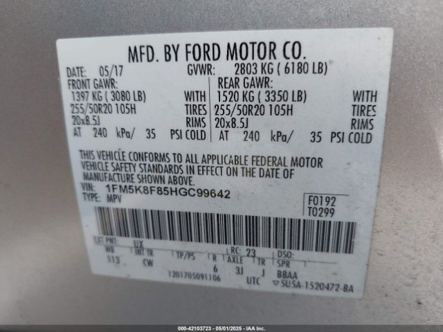 1FM5K8F85HGC99642 Ford Explorer Limited