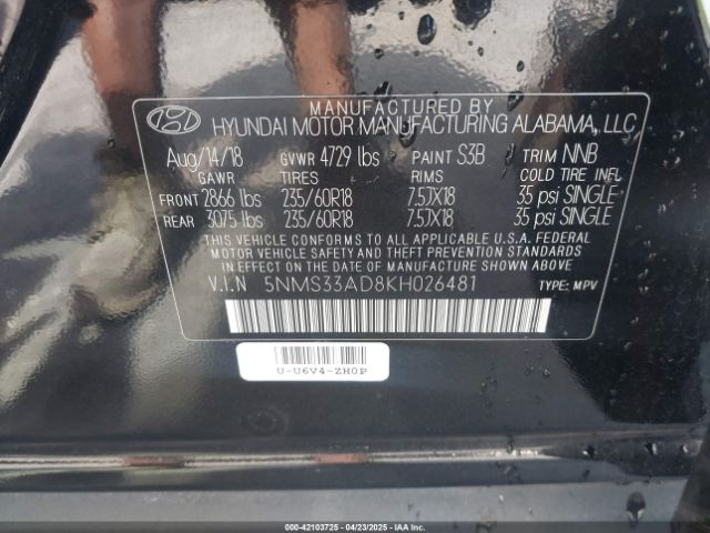 5NMS33AD8KH026481 Hyundai Santa Fe Sel Plus