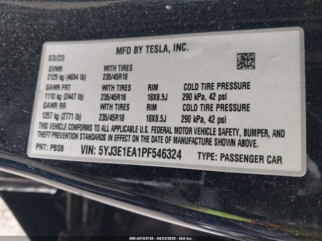 5YJ3E1EA1PF546324 Tesla MODEL 3